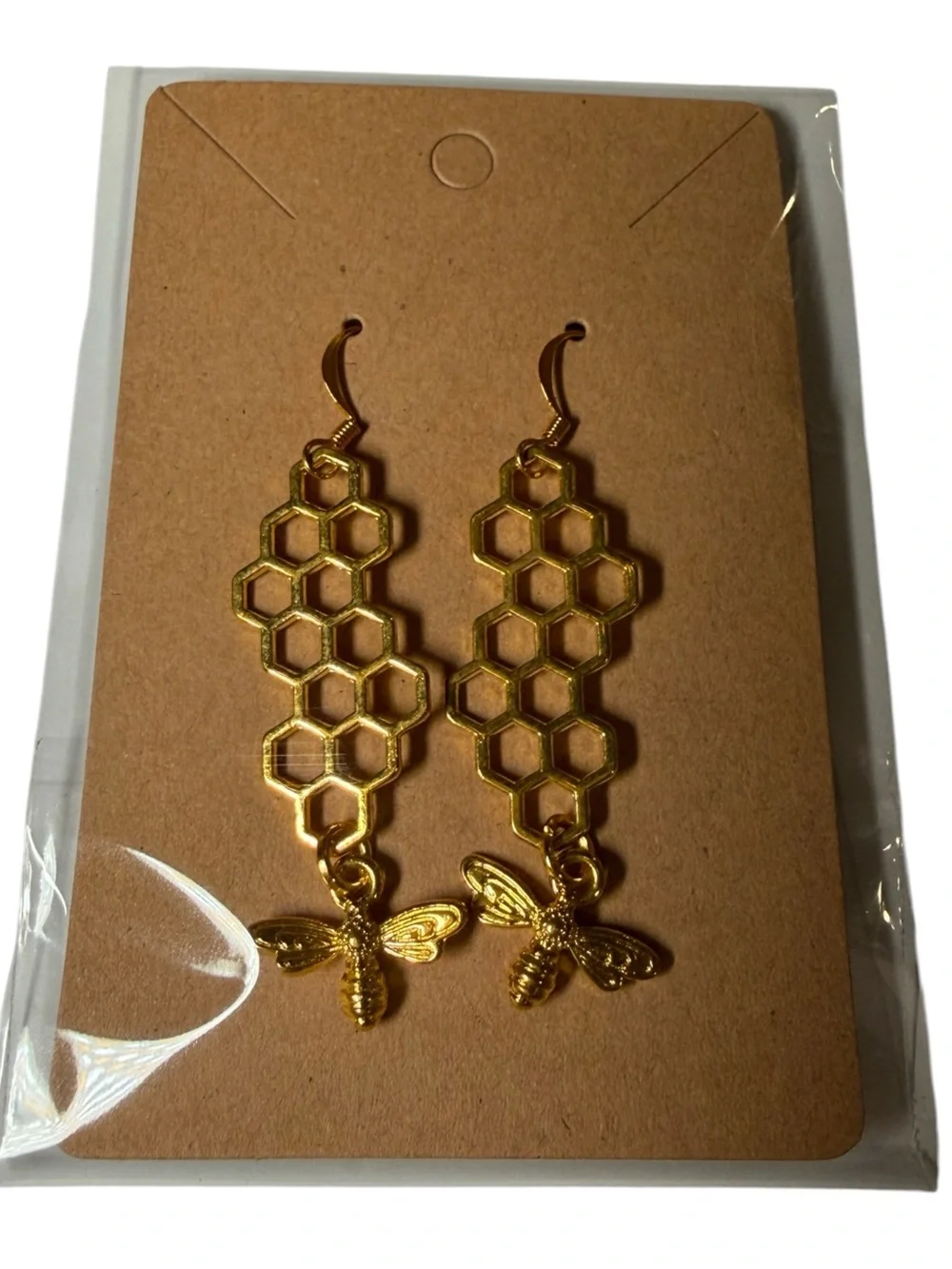 Honeycomb & Bee Dangle Earrings Cottagecore Boho Gold Hexagon Drop